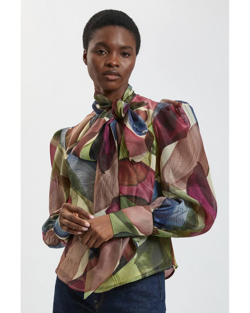 Karen Millen Blue Petal Print Organza Pussybow Blouse