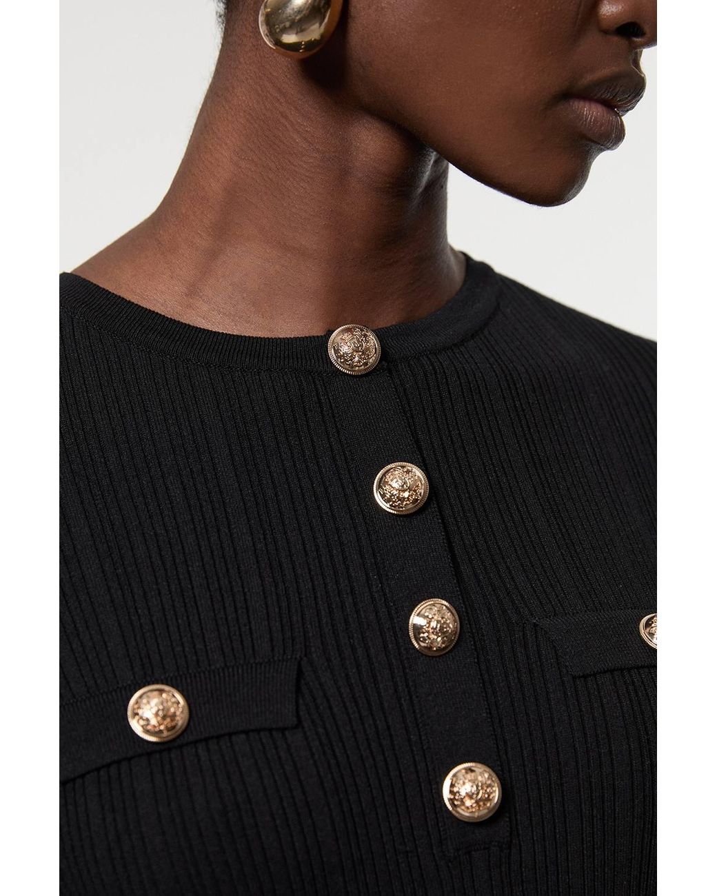 Karen Millen Blue Forever Military Trim Rib Long Sleeve Knit Top