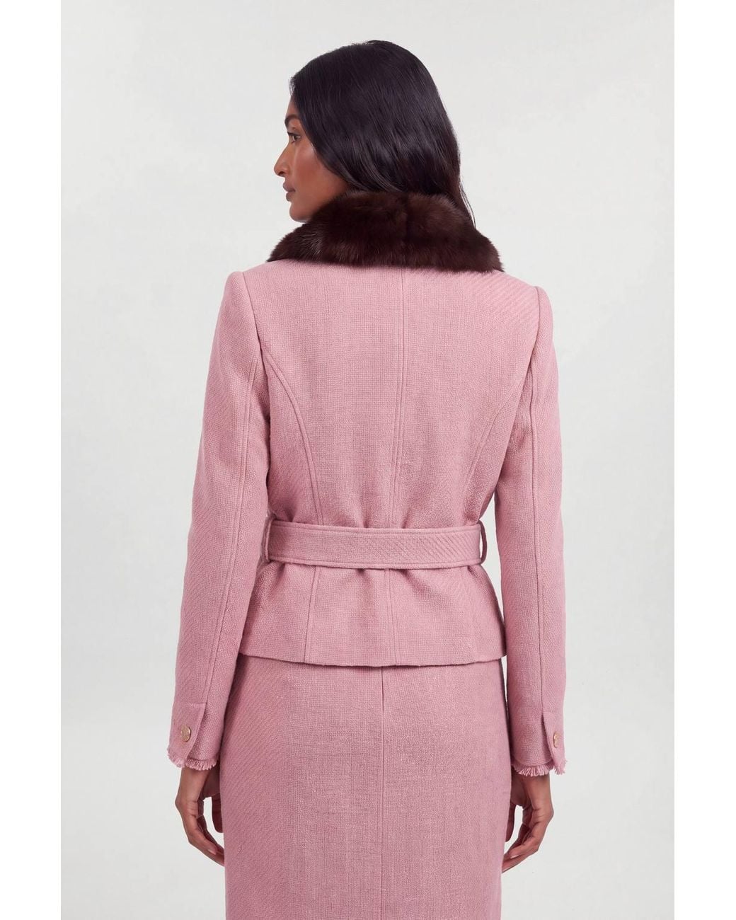 Karen Millen Pink Texture Tweed Detachable Faux Fur Collar Tailored Jacket