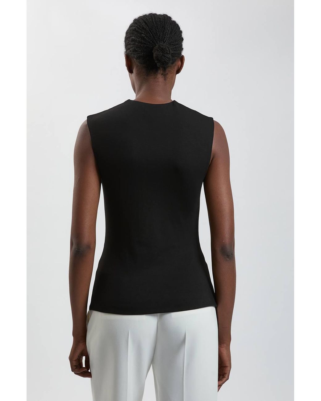 Karen Millen Black Viscose Metal Clasp Detail Jersey Top With Asymmetrical Hem