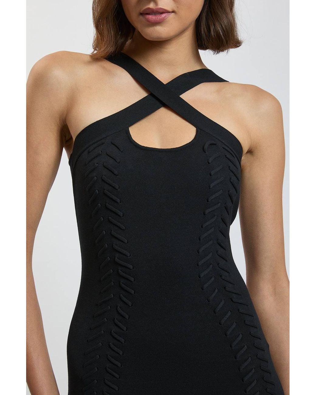 Karen Millen Black Lace Up Detail Knitted Halter Cross Front Maxi Dress