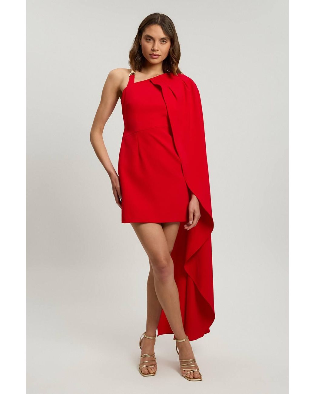 Karen Millen Red Compact Viscose Asymmetric Detail Mini Dress