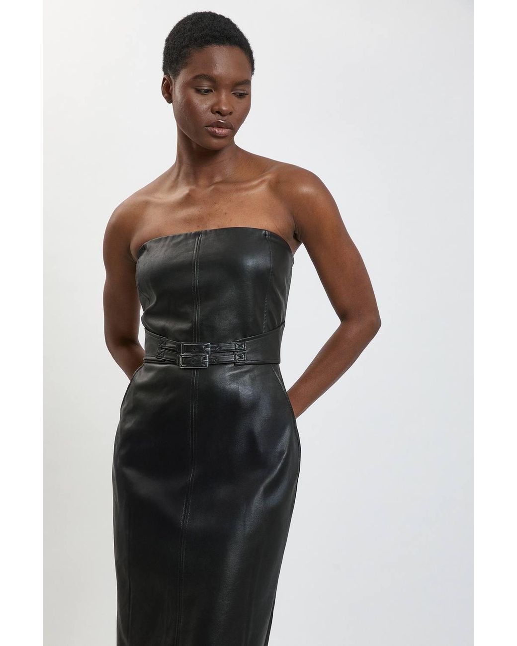 Karen Millen Black Faux Leather Belted Bandeau Midi Dress