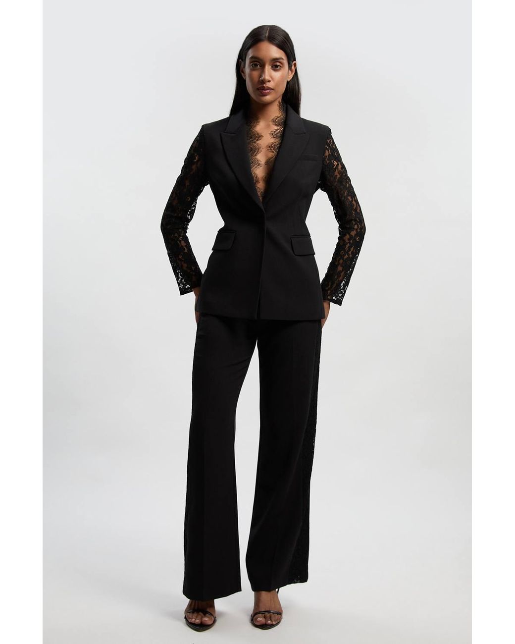 Karen Millen Black Compact Stretch Lace Mix Tailored Wide Leg Trouser