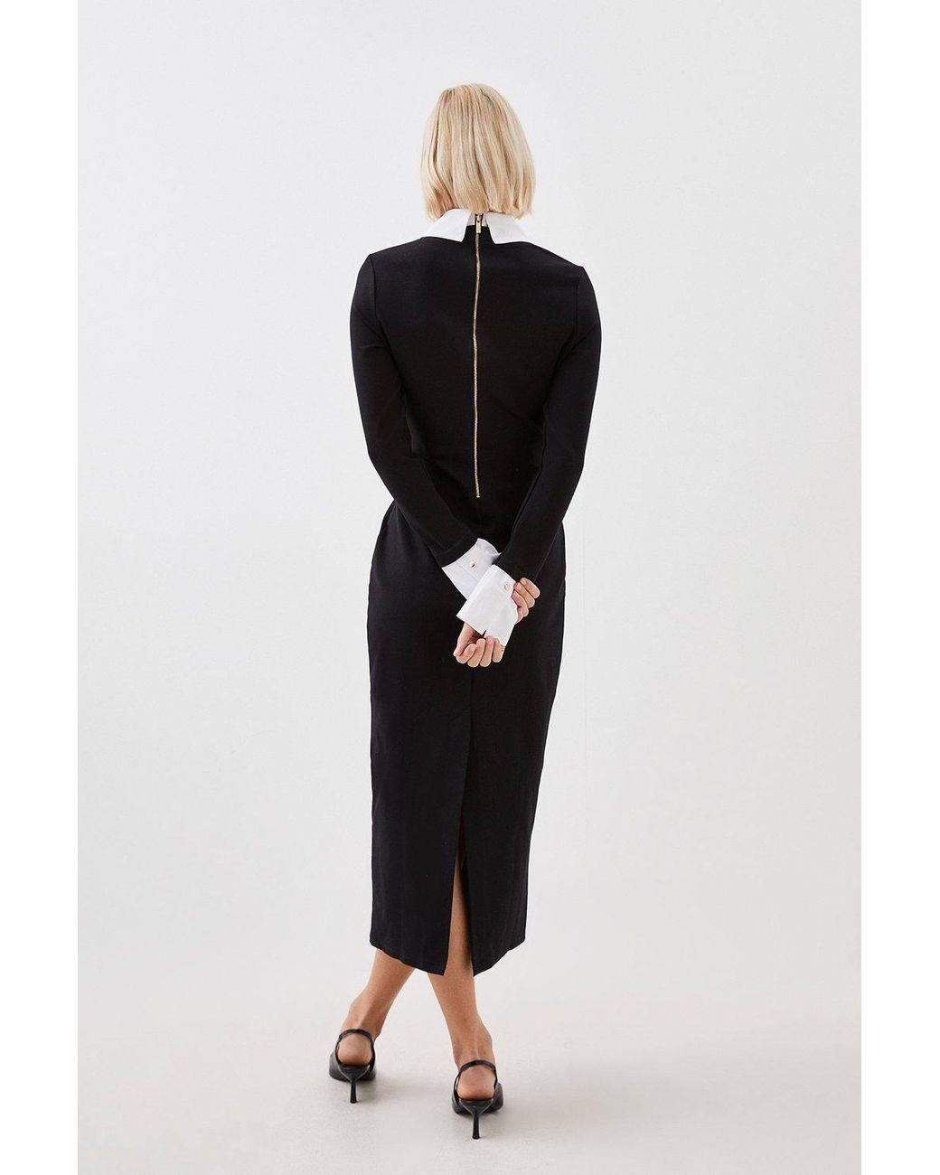Karen Millen Black Jersey Cotton Poplin Midi Collar Dress