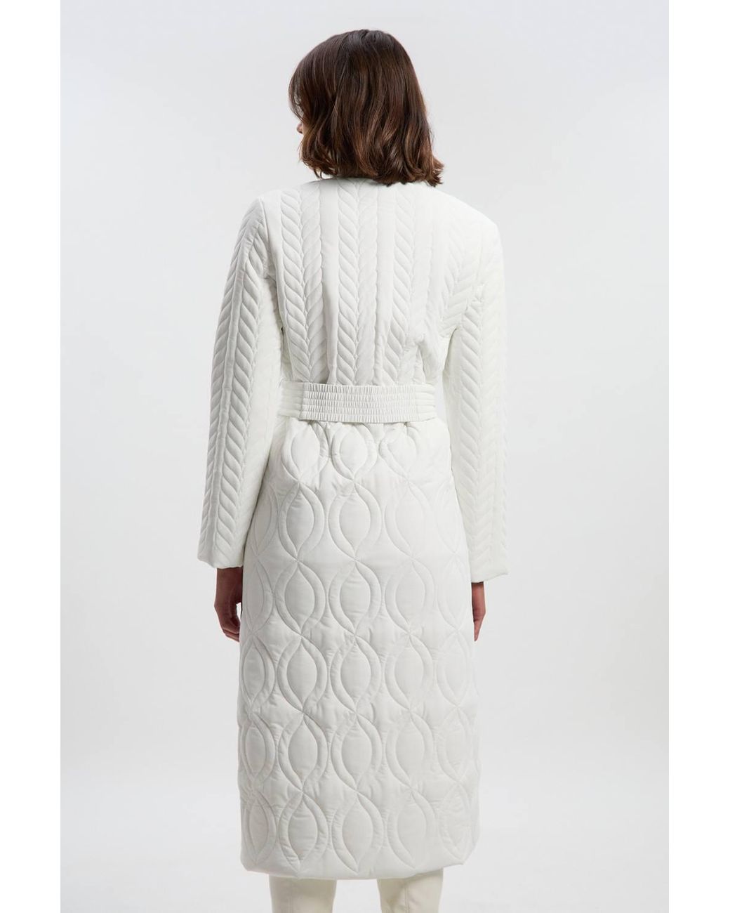 Karen Millen White Multi Stitch Detail Belted Padded Midi Coat