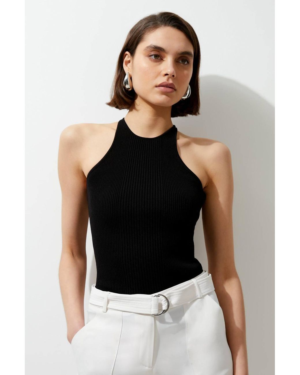 Karen Millen Black Viscose Blend Rib Knit Racer Vest Top