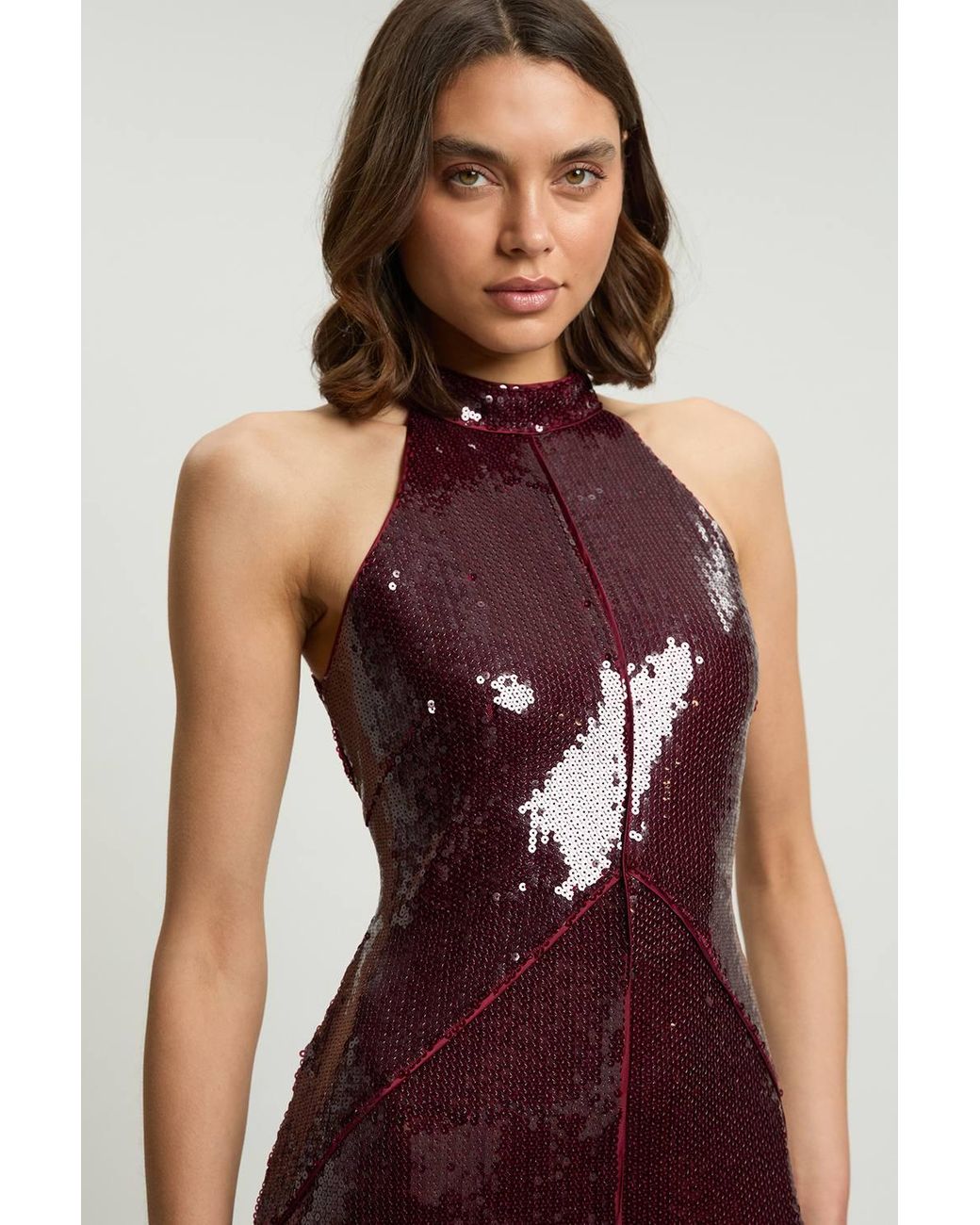 Karen Millen Red Petite Sequin Halter Neck Hanky Hem Maxi Dress