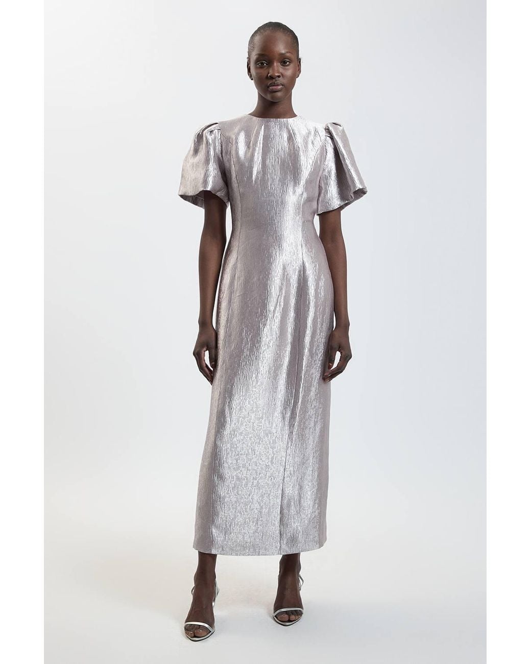 Karen Millen White Puff Sleeve Metallic Textured Midi Dress