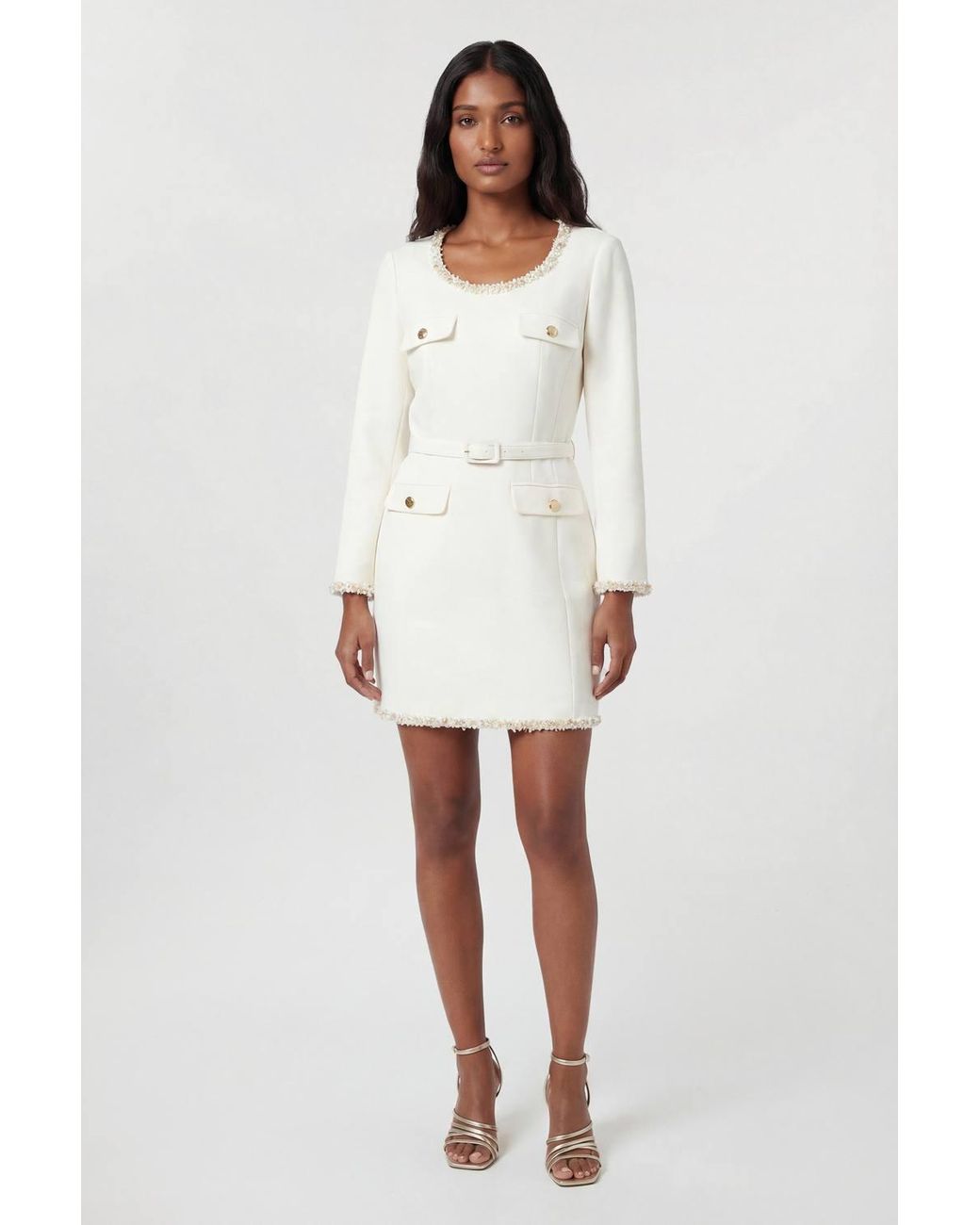 Karen Millen White Petite Tweed Embellished Trim Tailored Belted Mini Dress