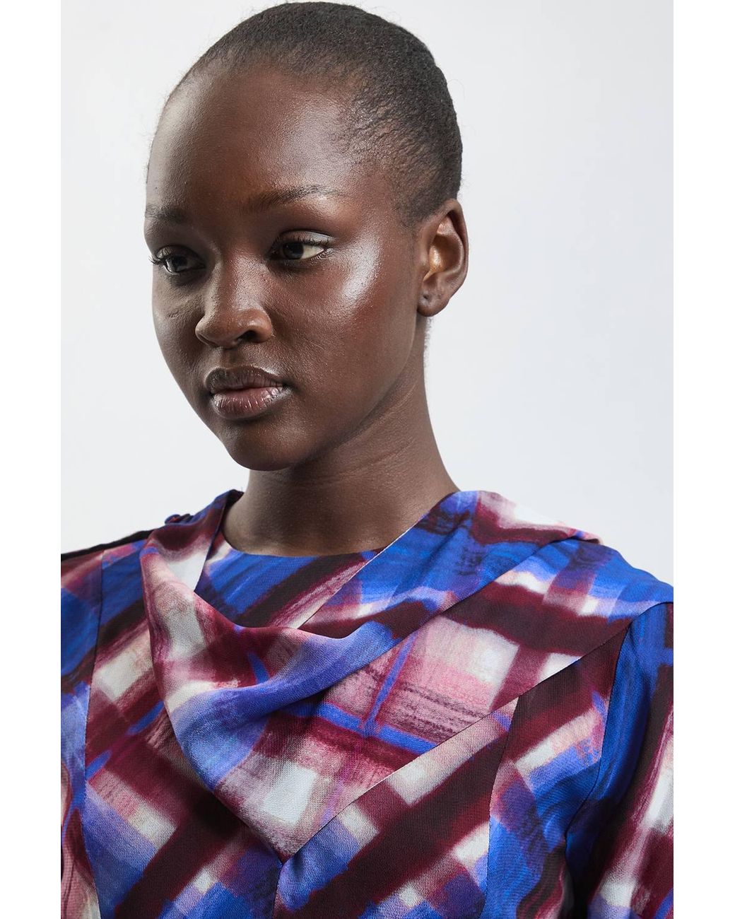 Karen Millen Blue Check Print Scarf Detail Viscose Woven Midi Dress