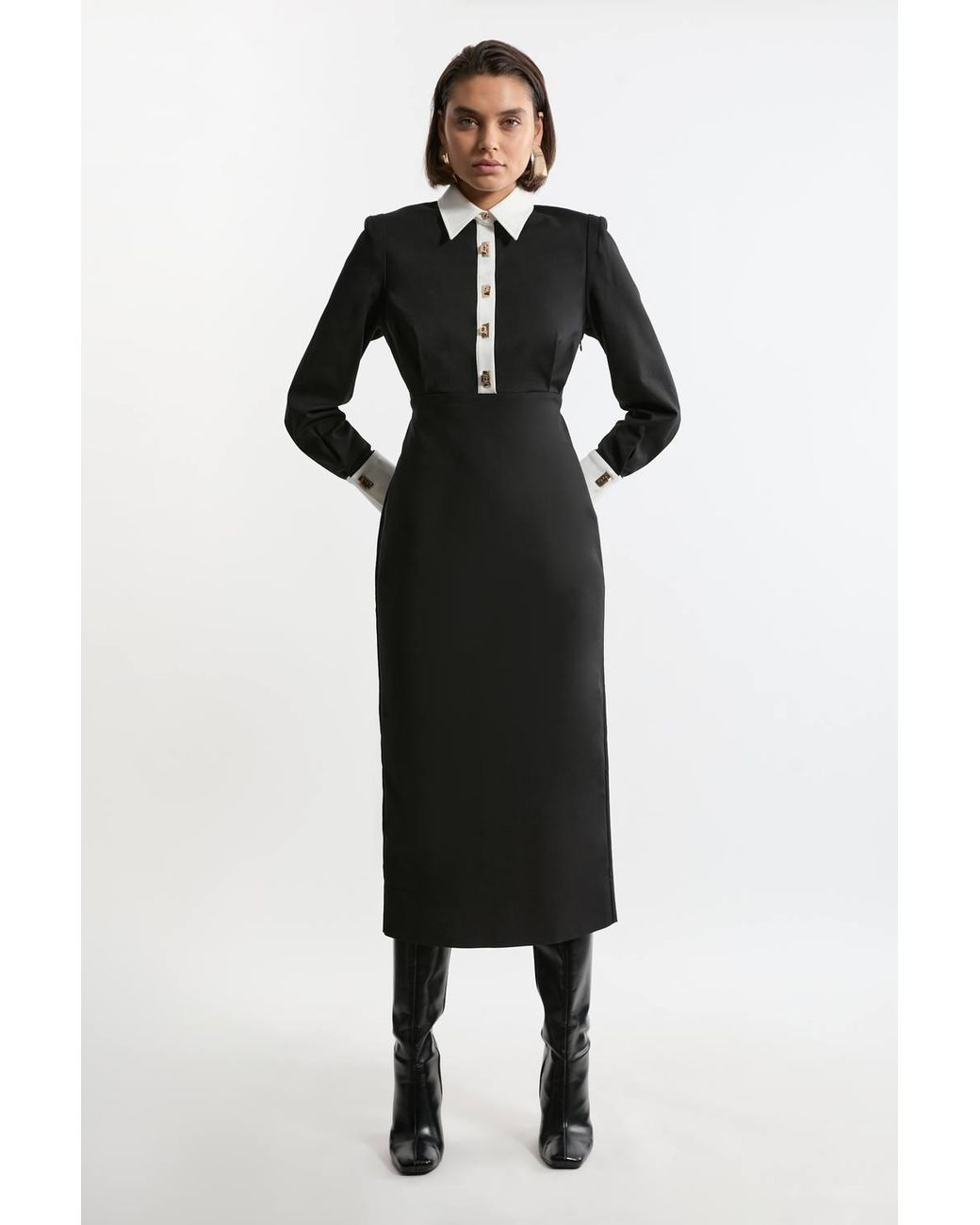 Karen Millen Black Petite Techno Cotton Woven Maxi Shirt Dress With Clasps