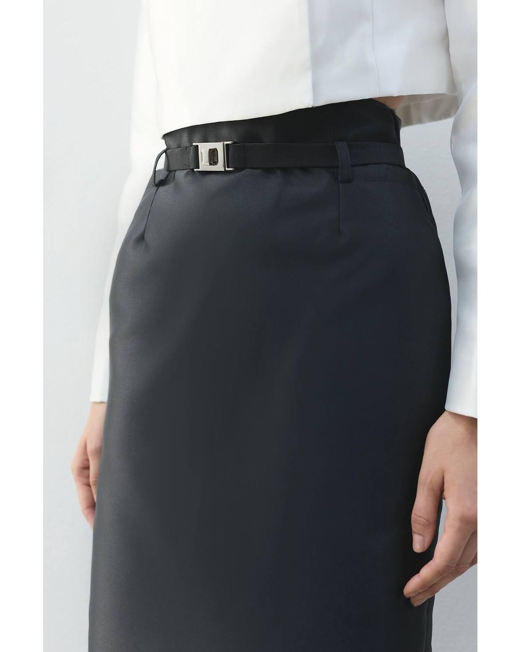 Karen Millen Black Forever Satin Twill Belted Tailored Midi Skirt
