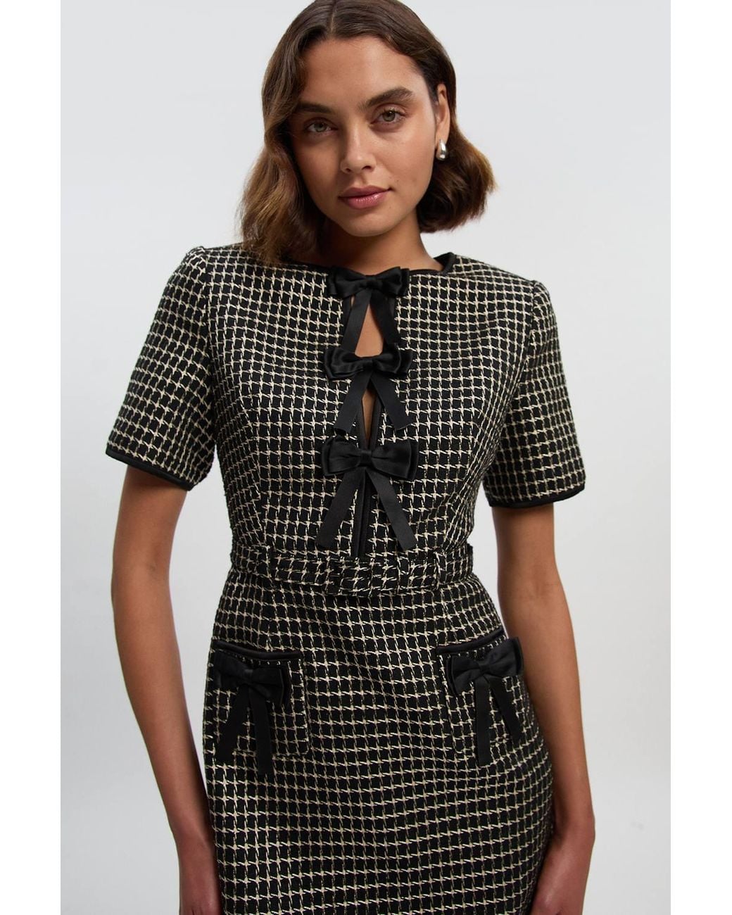 Karen Millen Black Tailored Tweed Bow Detail Mini Dress