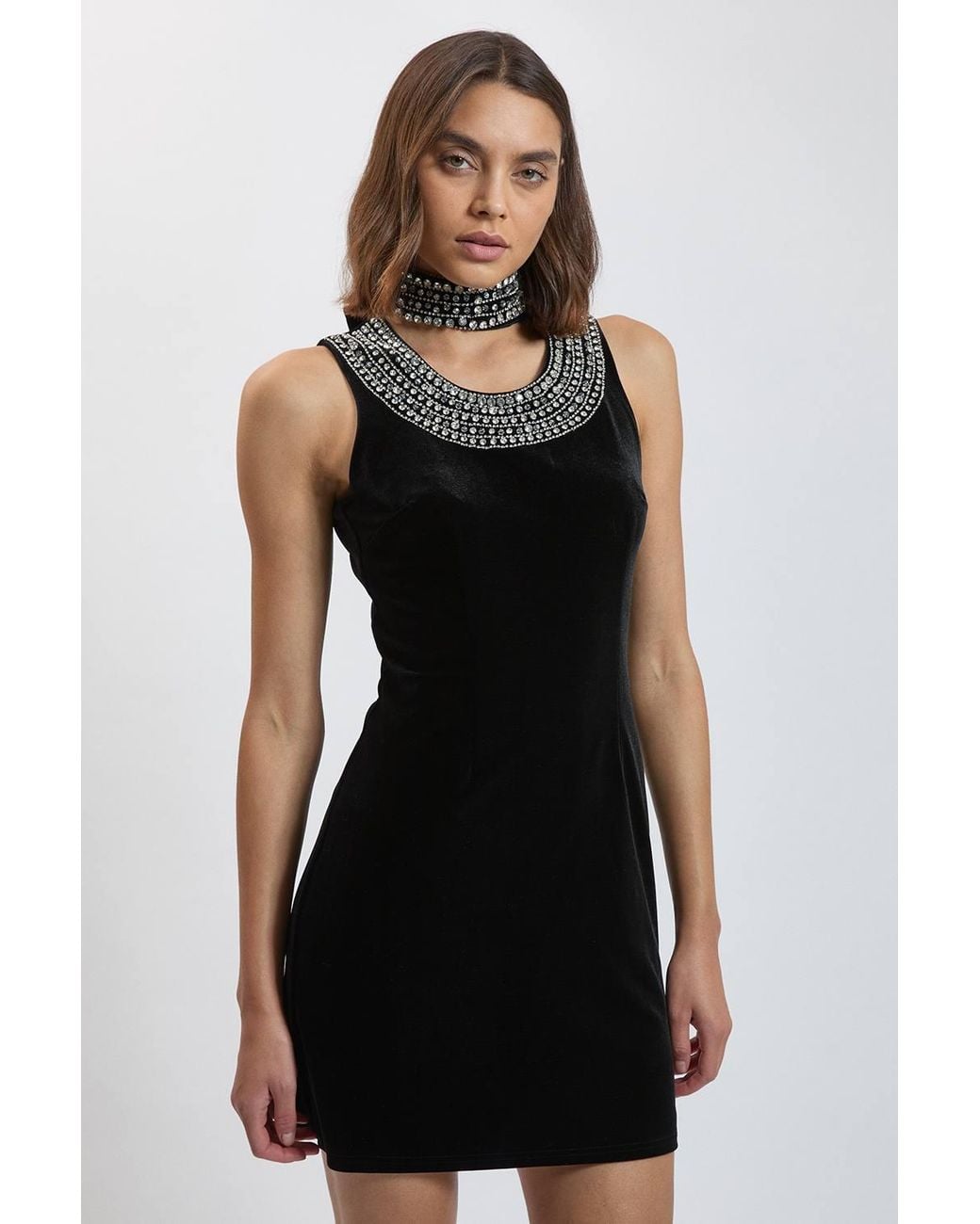 Karen Millen Black Crystal Trim Velvet Mini Dress With High Neck