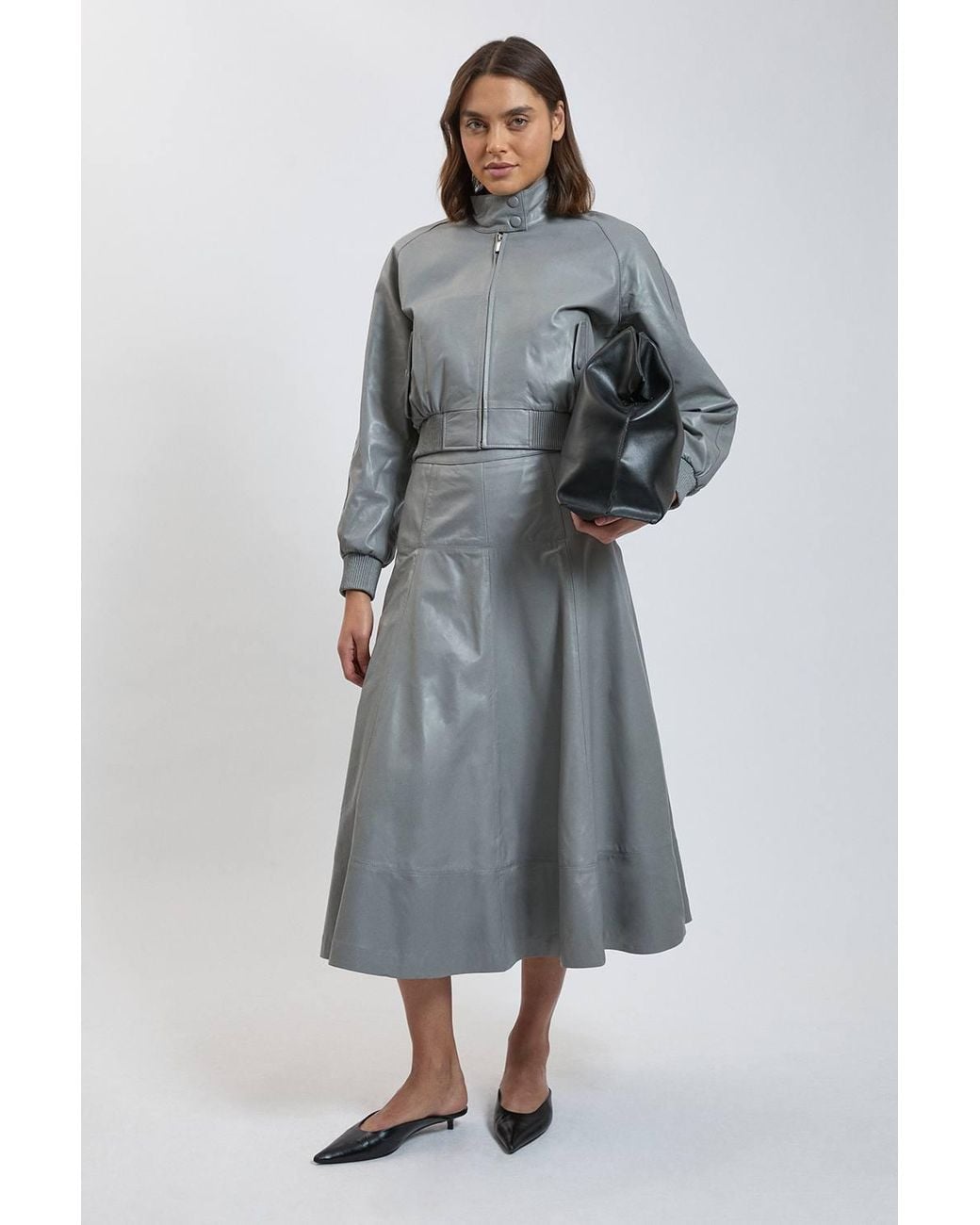 Karen Millen Gray Leather Bomber Jacket