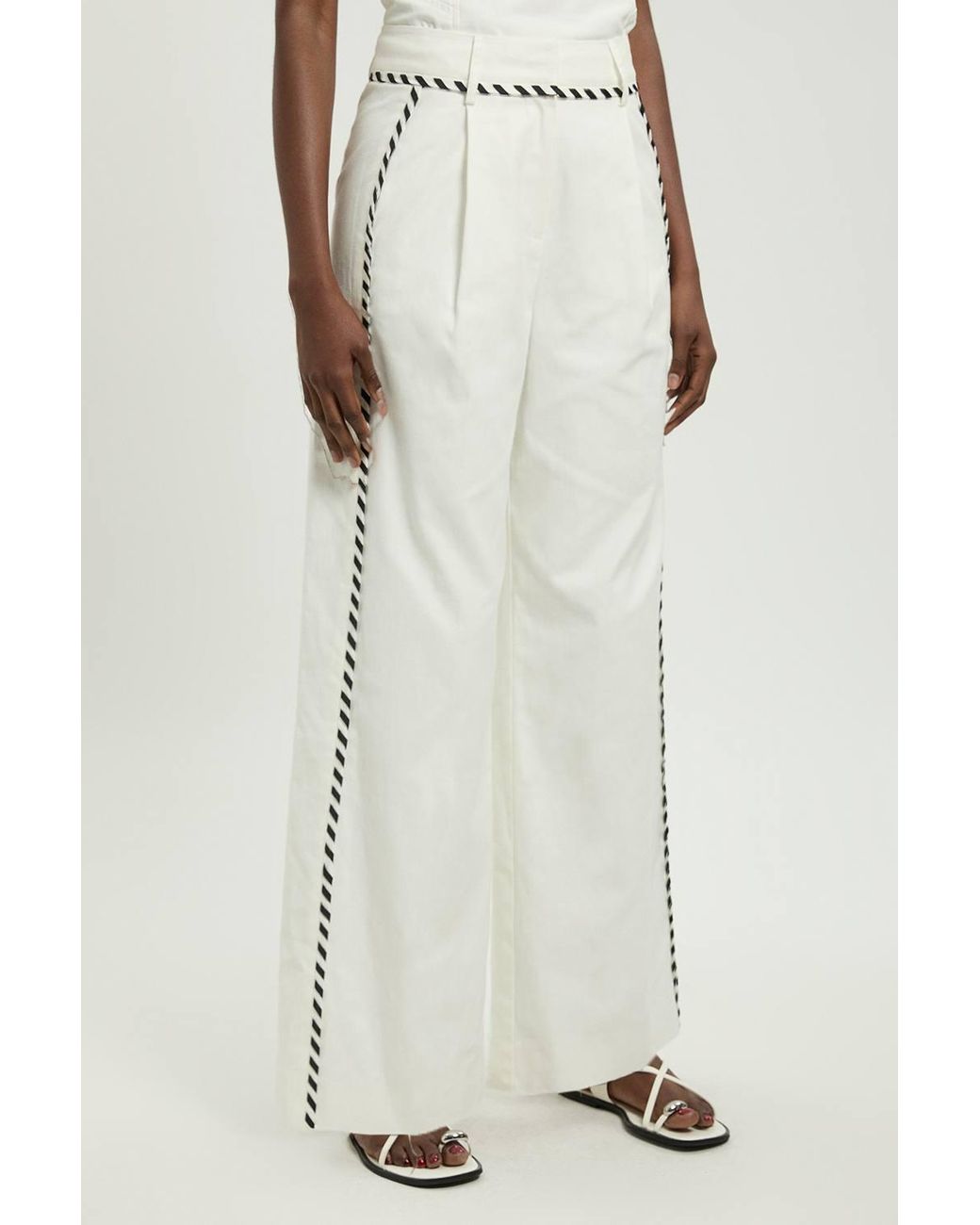 Karen Millen White Petite Tailored Linen Blend Contrast Stitch Straight Leg Trouser