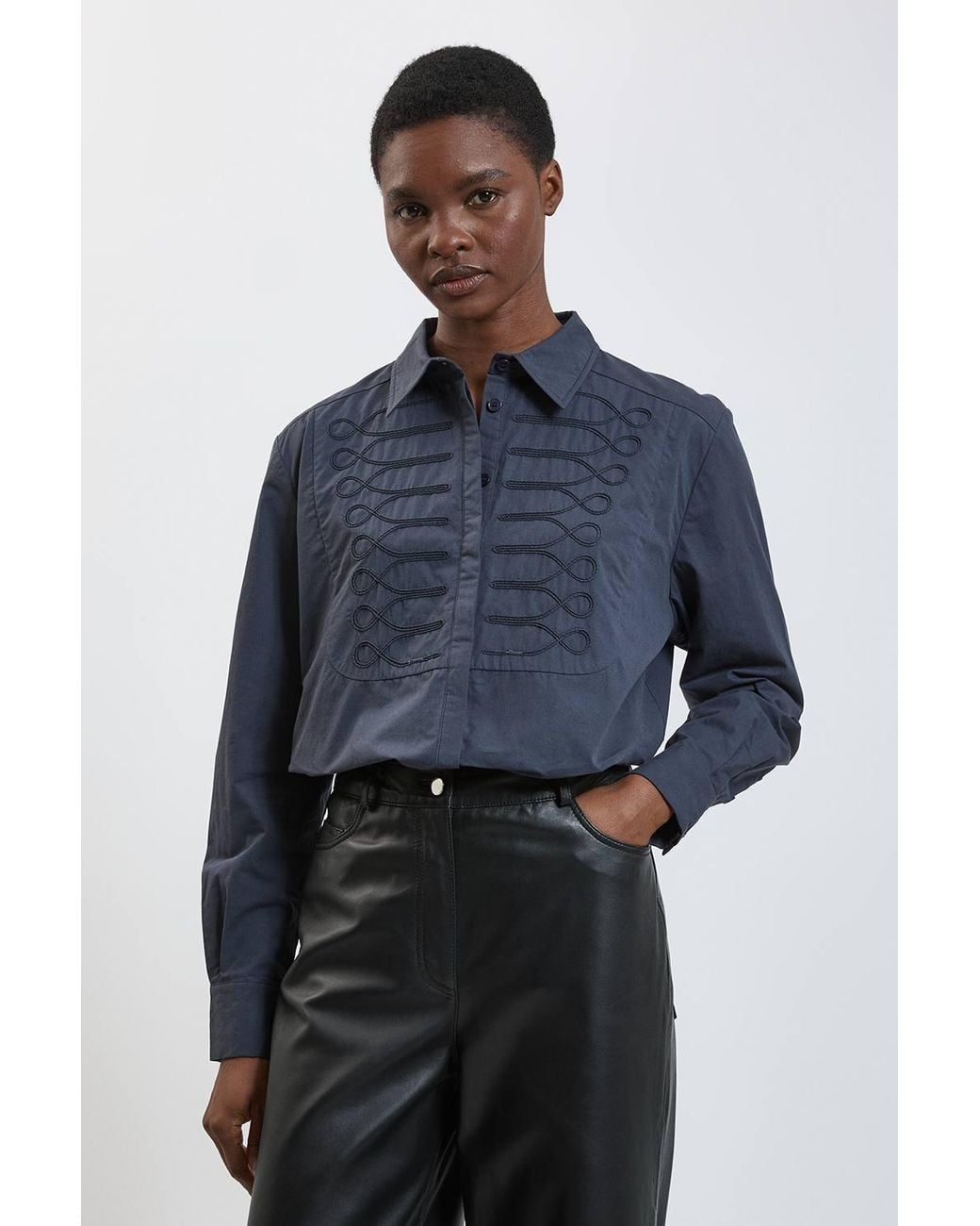 Karen Millen Blue Military Stitch Detail Cotton Poplin Shirt