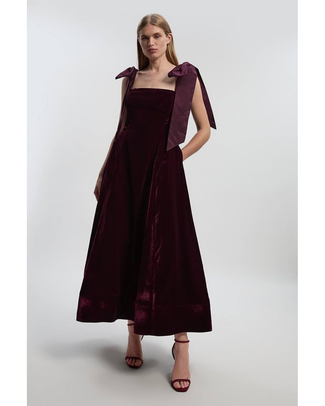 Karen Millen Purple Velvet Bardot Woven Prom Midaxi Dress With Taffeta Bow