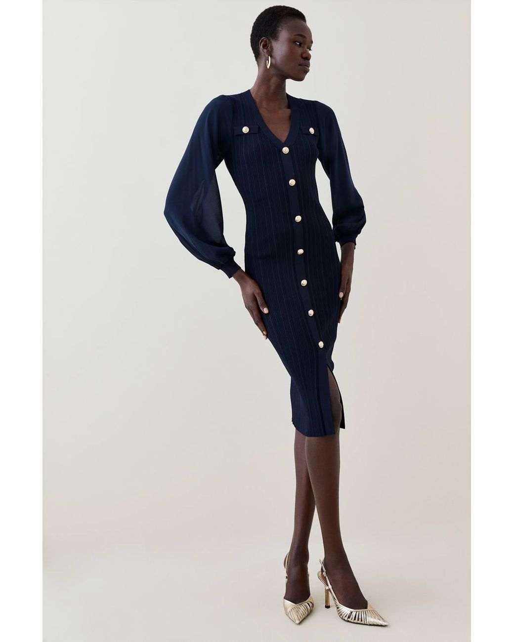 Karen Millen Blue Petite Forever Viscose Blend Rib Knit Chiffon Sleeve Midi Dress