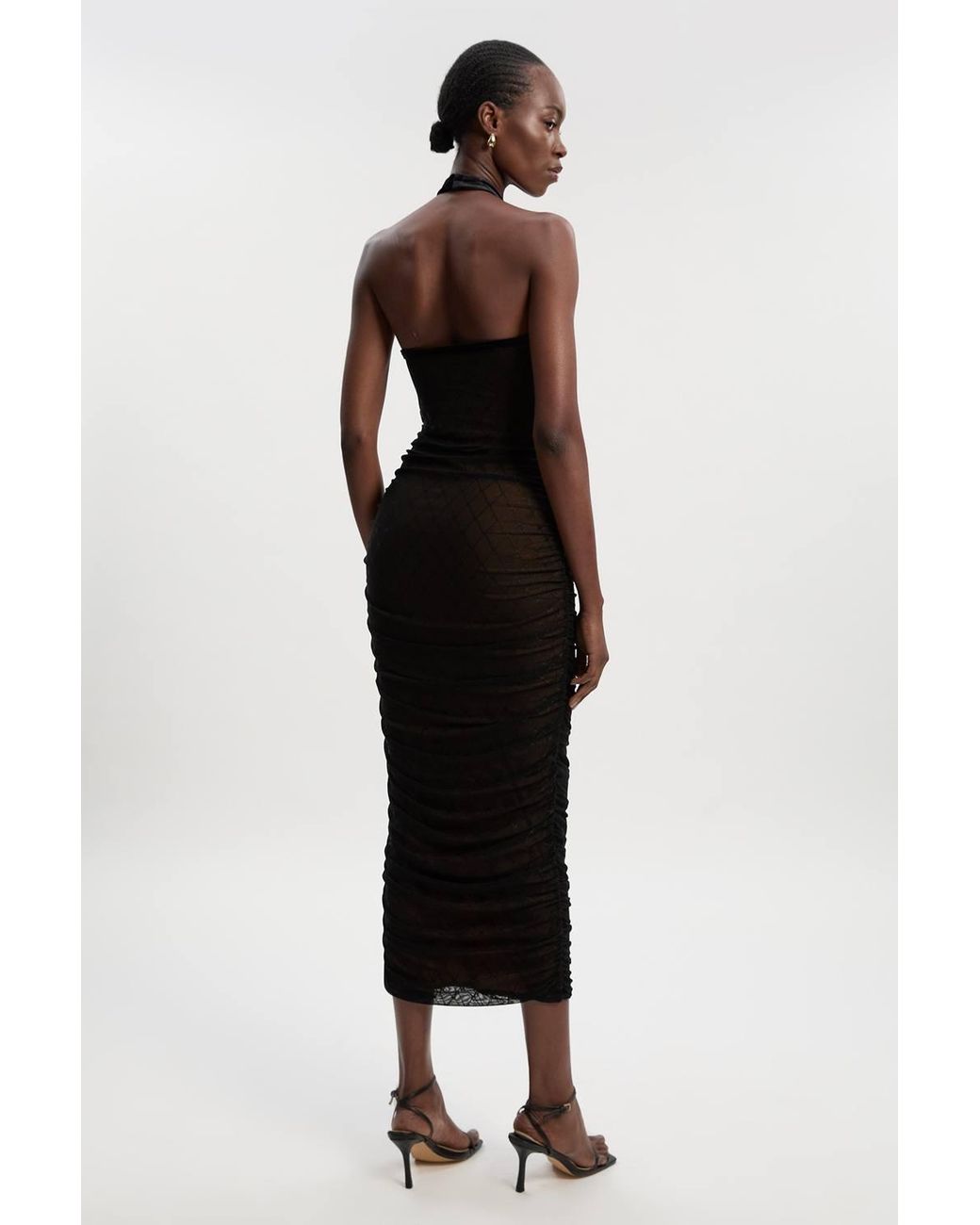Karen Millen Black Mesh With Velvet Bow Trim Detail Halter Neck Midi Dress