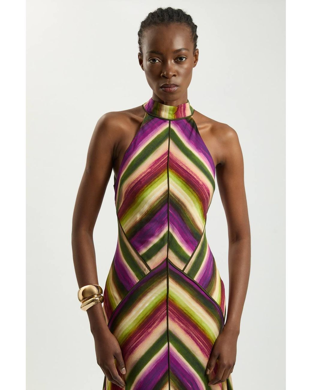 Karen Millen Purple Petite Multi Fluid Stripe Cotton Mix Woven Halter Dress