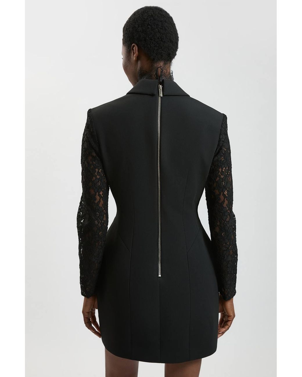 Karen Millen Black Compact Stretch Lace Sleeve Blazer Mini Dress