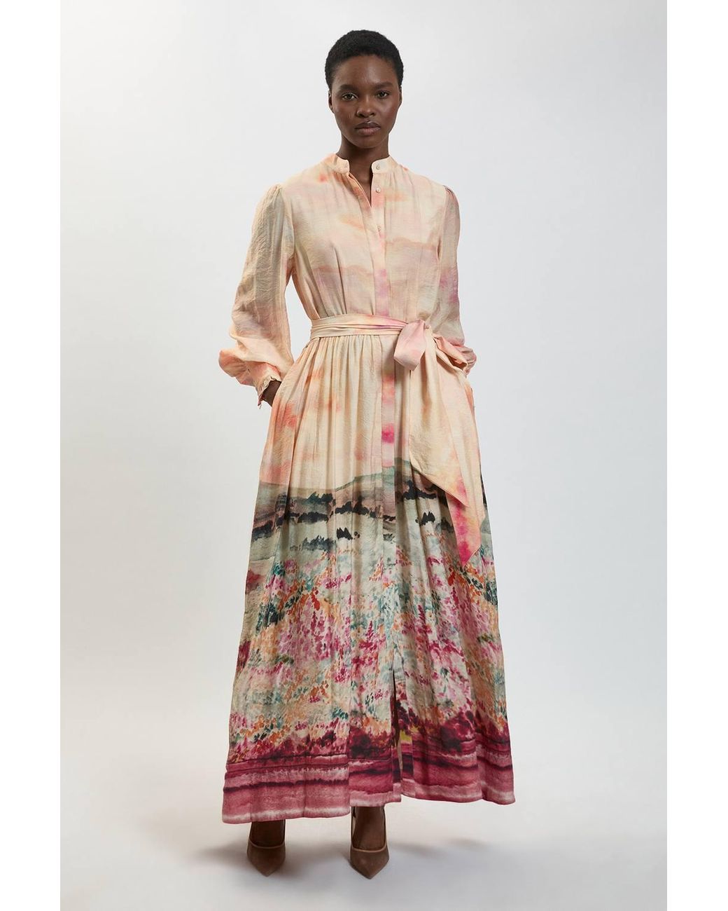 Karen Millen Multicolor Scenic Fluid Organza Belted Shirt Dress