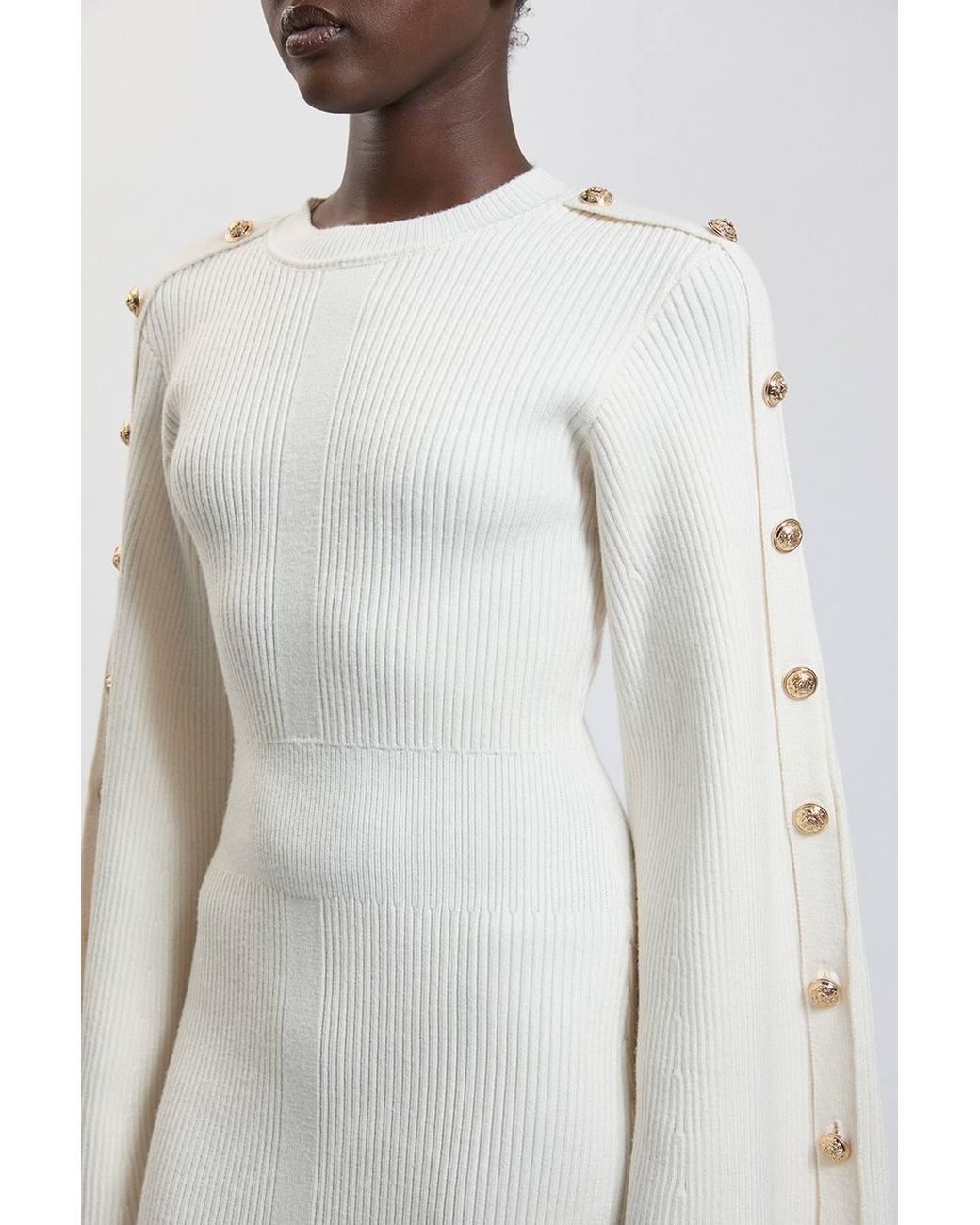 Karen Millen White Military Button Up Sleeved Knitted Midi Dress