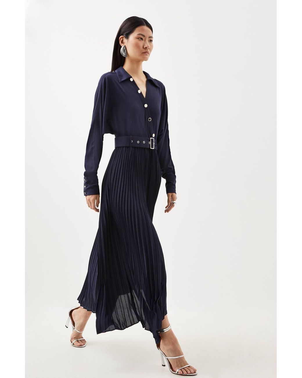 Karen Millen Blue Petite Jersey And Georgette Mix Belted Pleat Midi Dress
