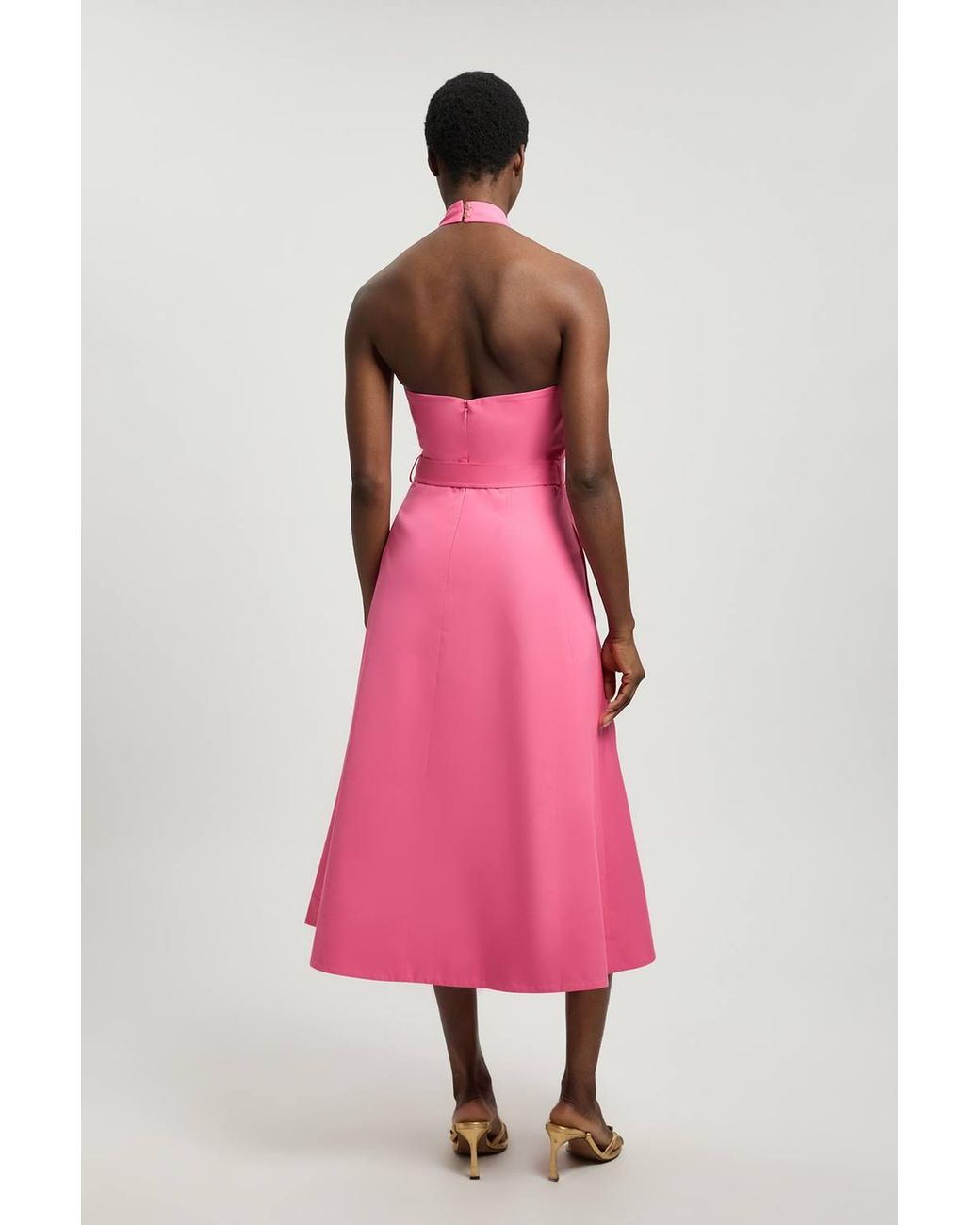 Karen Millen Pink Petite Tailored Cotton Sateen Halter Full Midi Dress