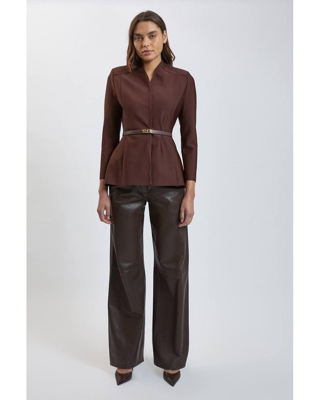 Karen Millen Brown Bandage Studded Belt High Neck Wrap Blazer