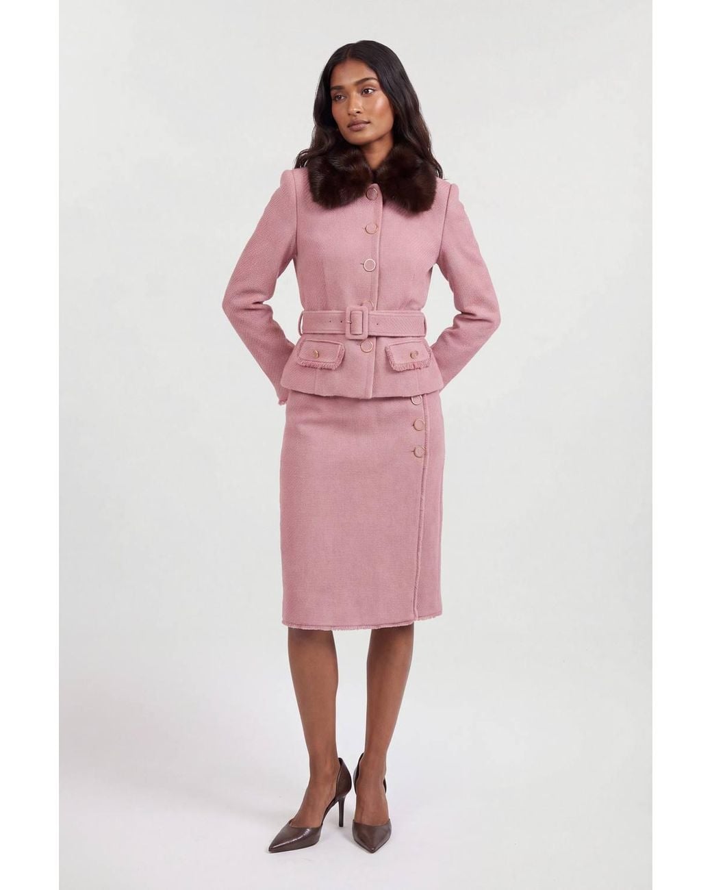 Karen Millen Pink Texture Tweed Detachable Faux Fur Collar Tailored Jacket