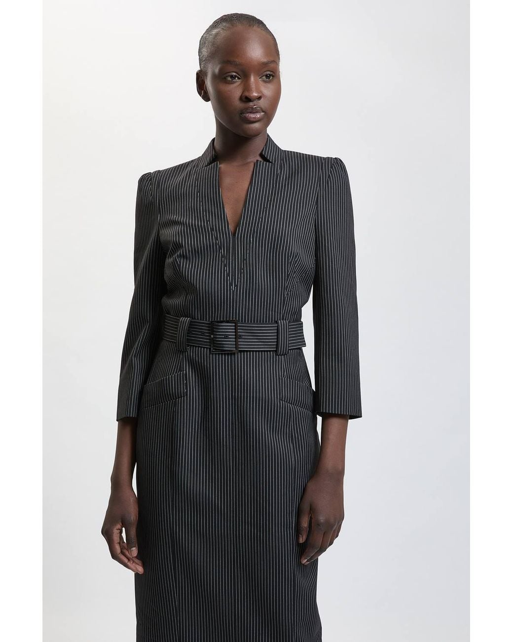 Karen Millen Black Pinstripe Forever Pencil Midi Dress