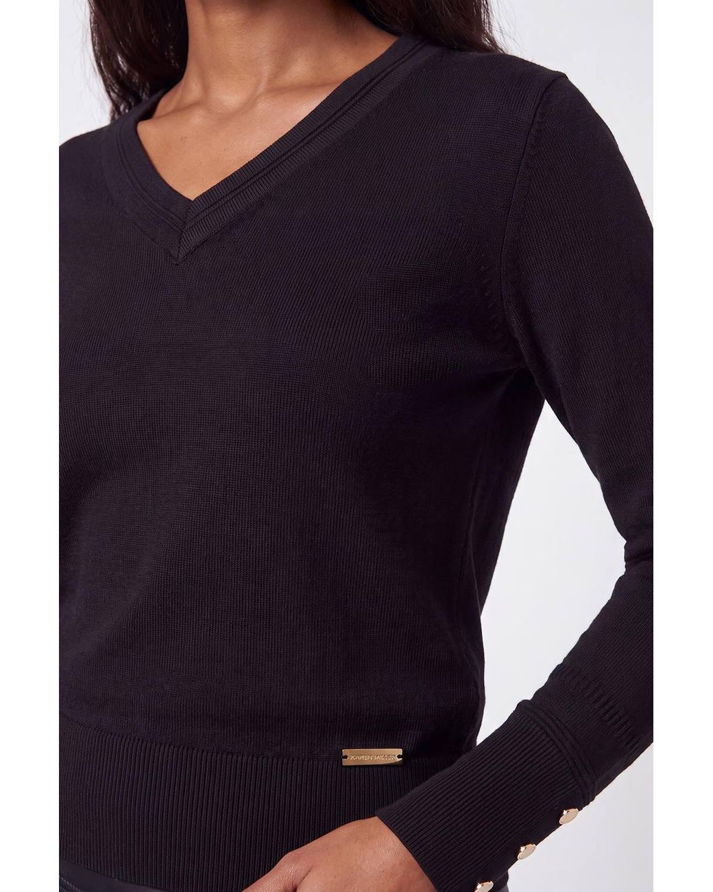 Karen Millen Blue Forever Viscose Blend Knitted Stitch Detail V Neck Long Sleeve Jumper