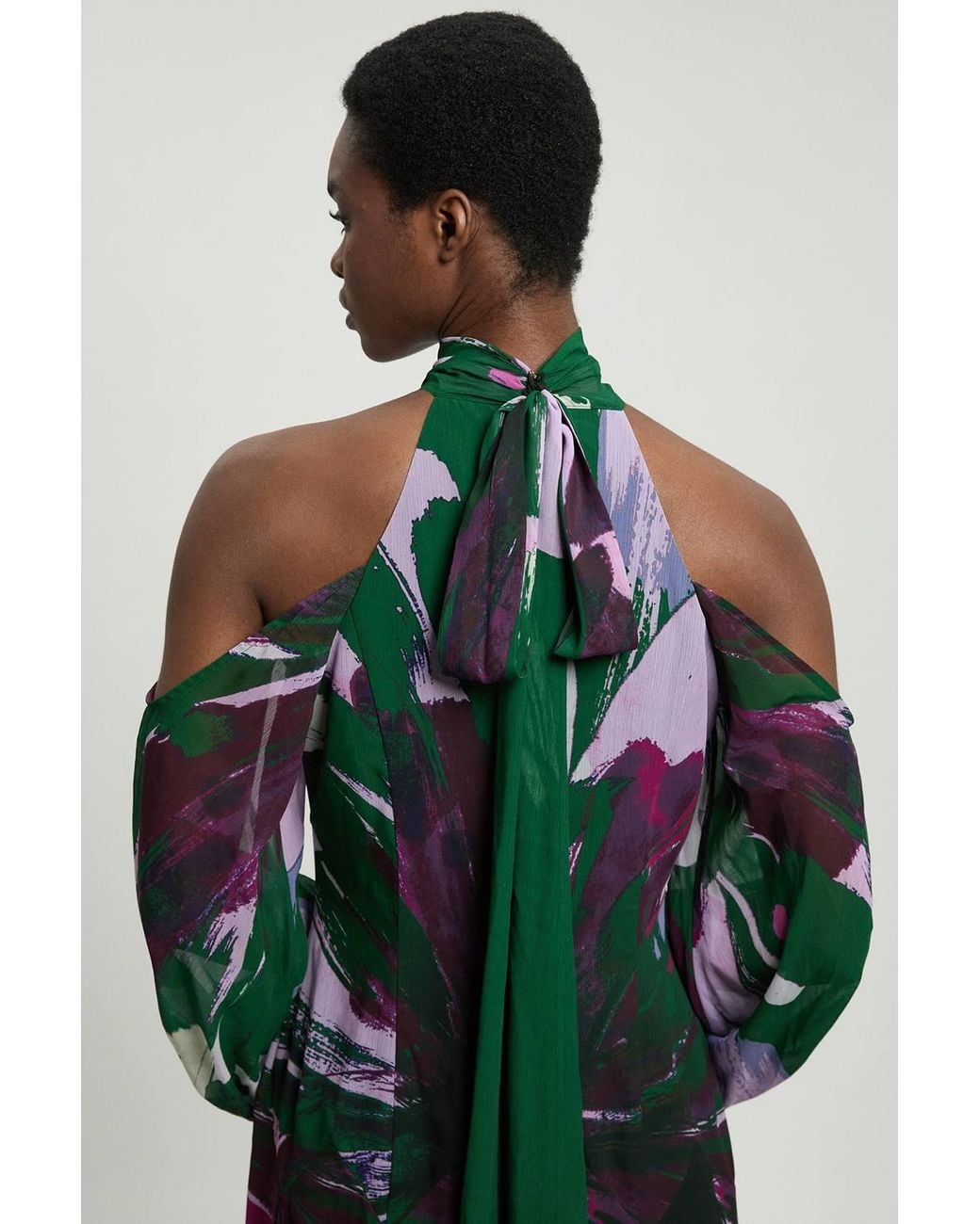 Karen Millen Green Petite Photographic Floral Crinkle Georgette High Neck Cold Shoulder Woven Maxi Dress