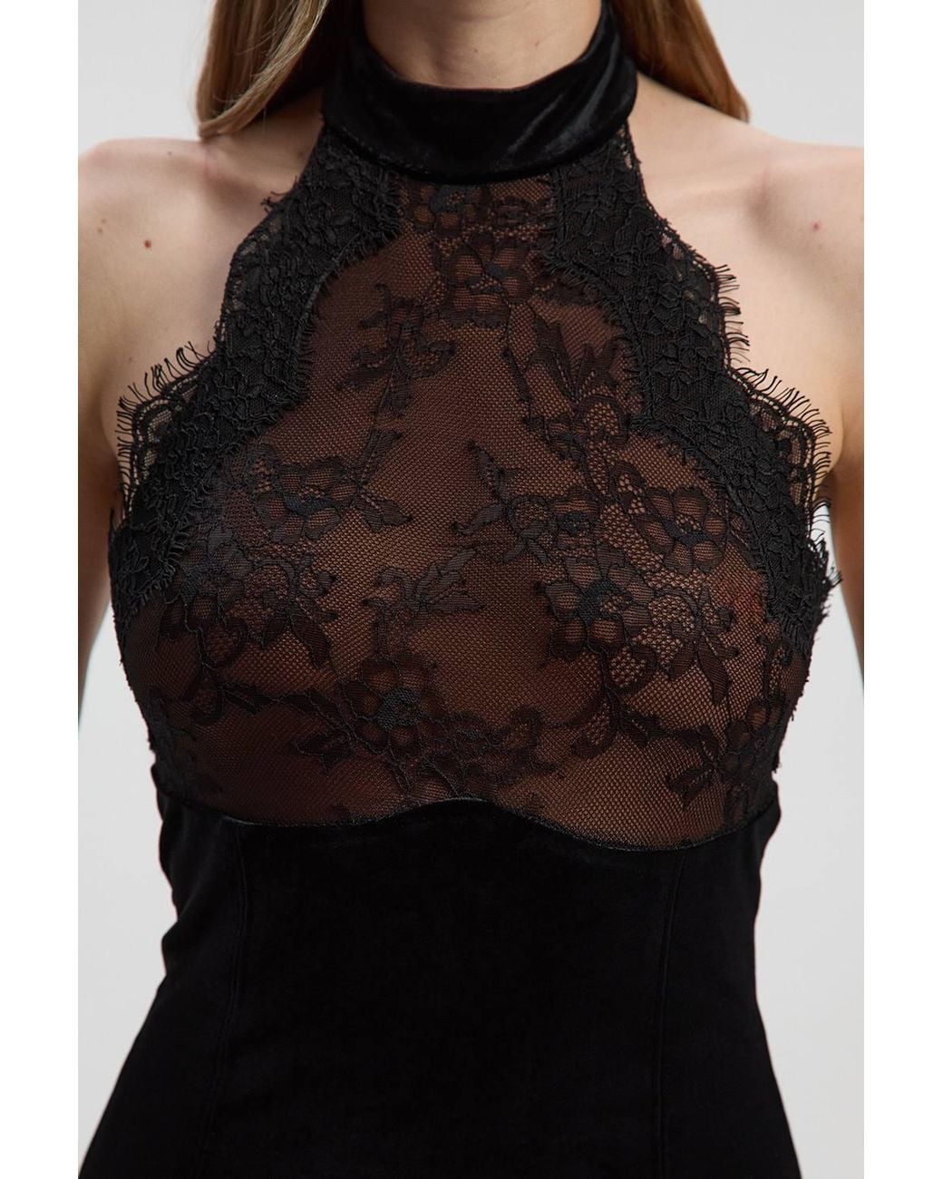 Karen Millen Black Lace With Velvet Detail Halter Neck Maxi Dress