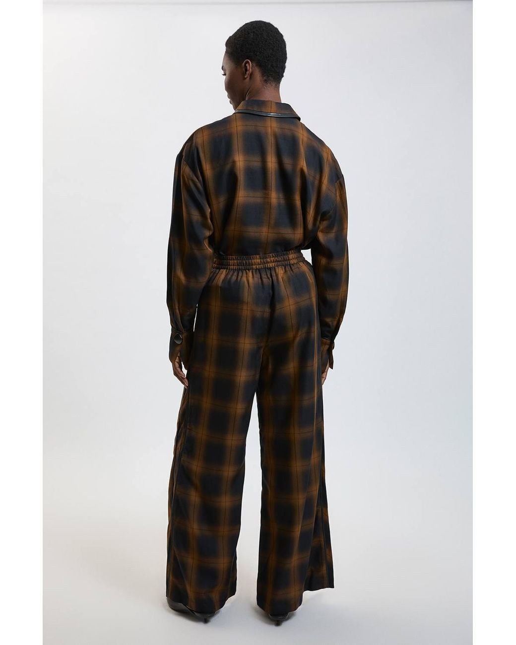 Karen Millen Brown Petite Check Pu Trim Detail Wide Leg Trouser