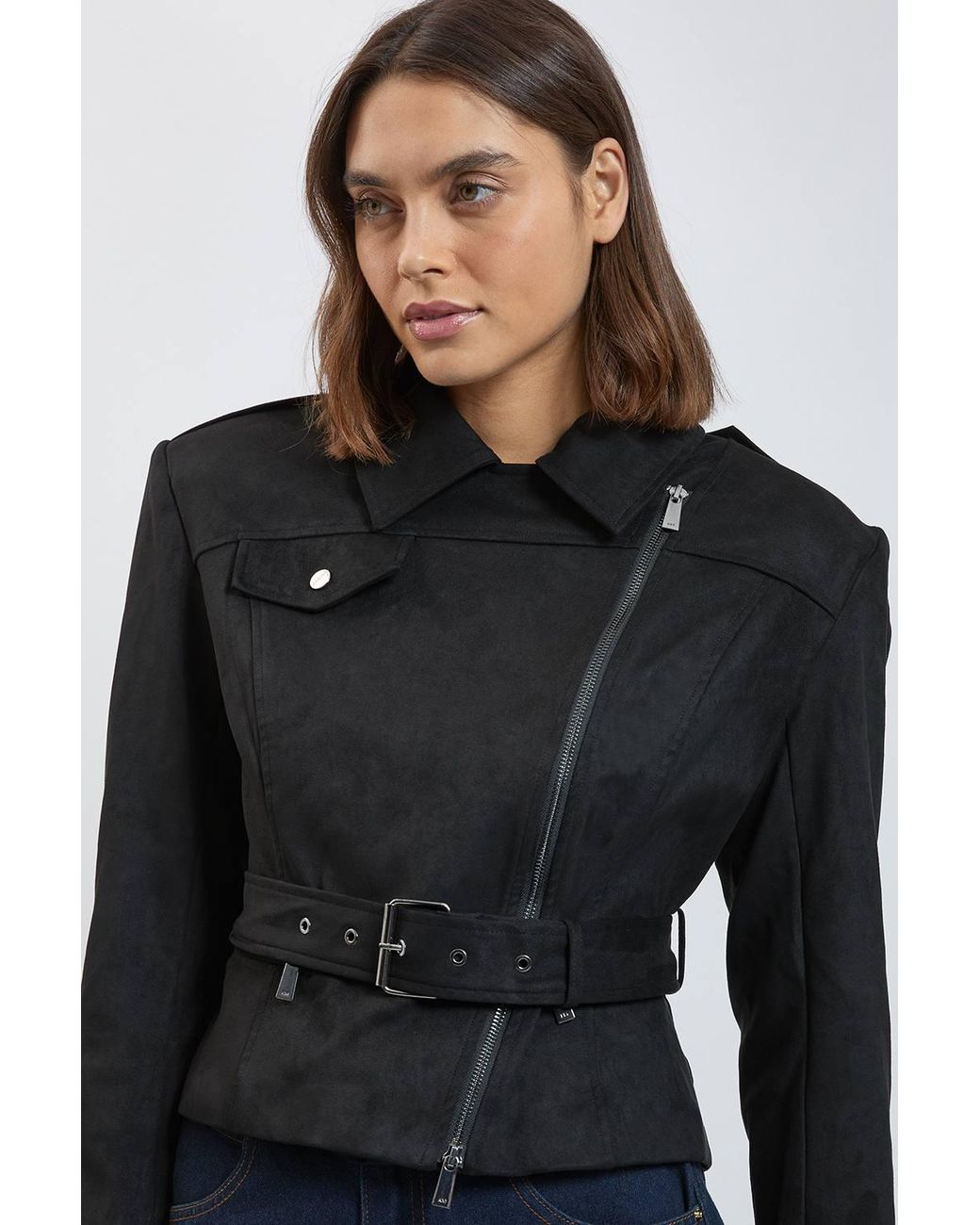 Karen Millen Black Faux Leather Collared Belted Jacket