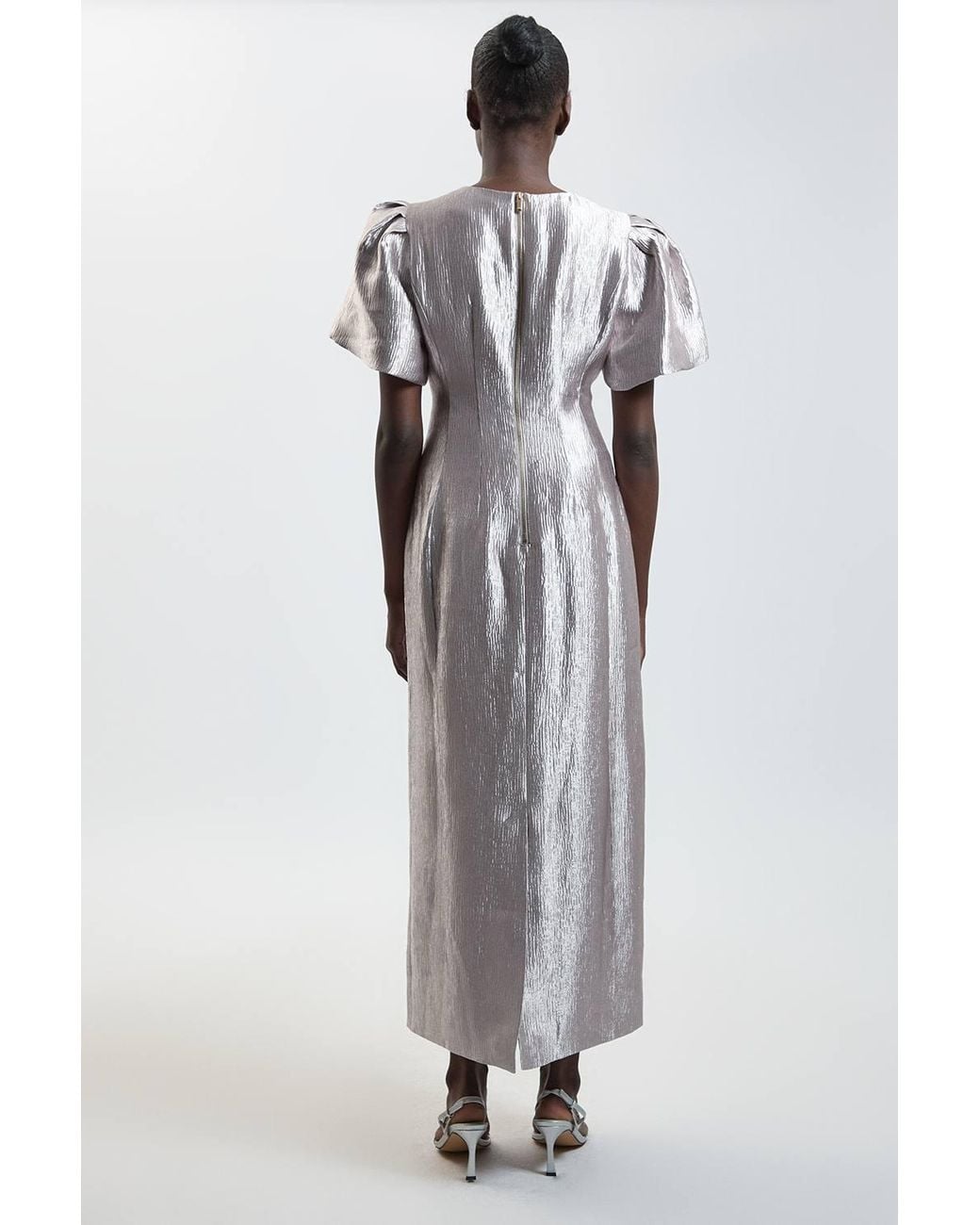 Karen Millen White Puff Sleeve Metallic Textured Midi Dress