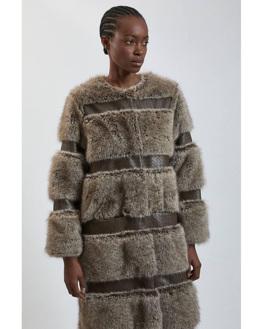 Karen Millen Brown Faux Fur & Faux Leather Multi Texture Midi Coat