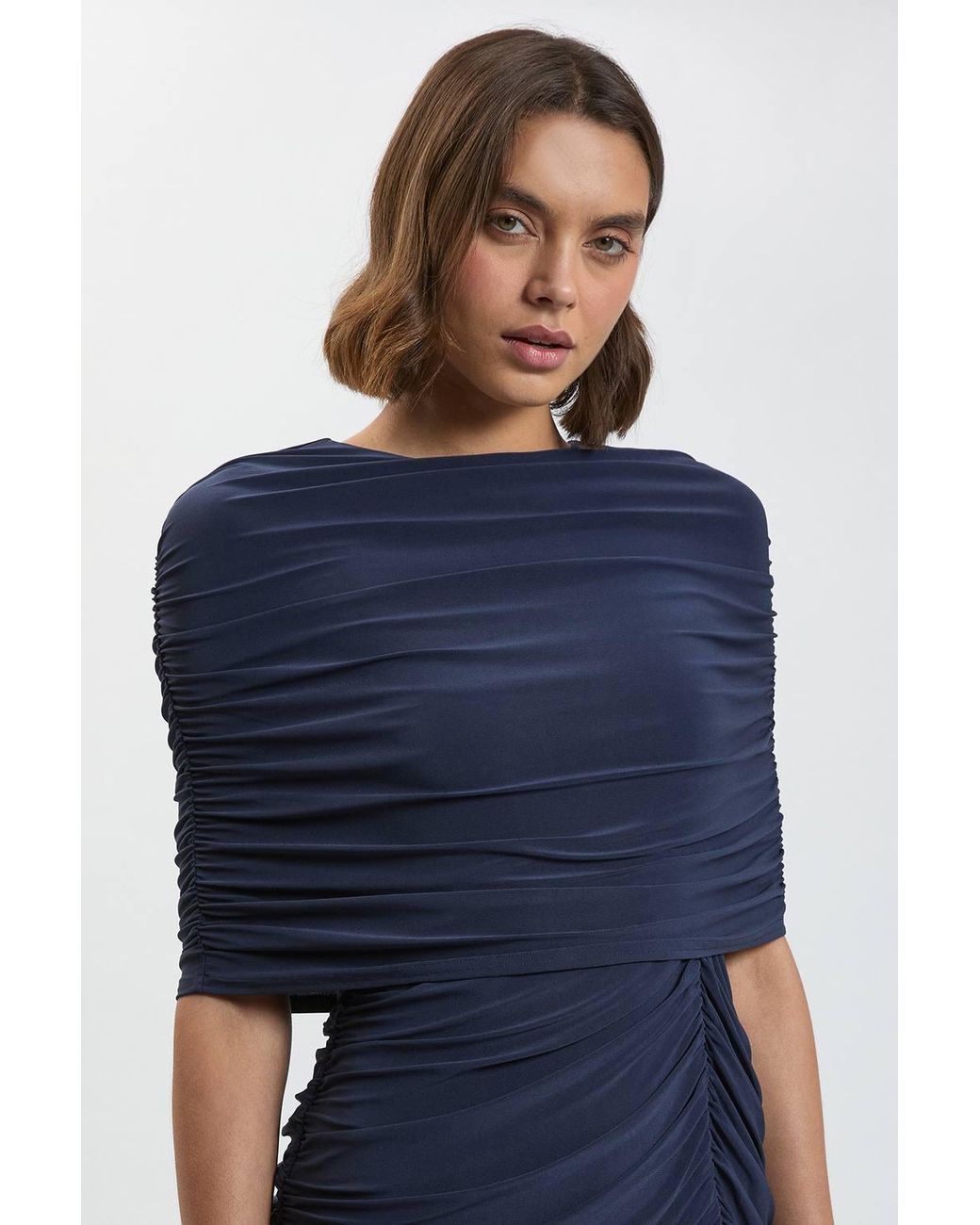 Karen Millen Blue Drapey Crepe Maxi Dress With Gathered Cape Detail