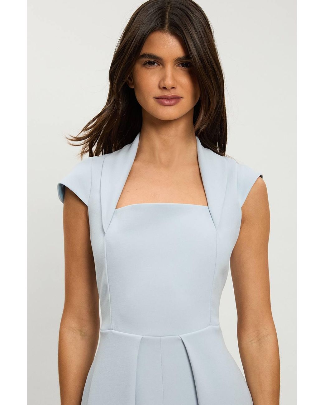 Karen Millen Blue Petite Compact Stretch Square Neck Tailored Full Skirted Maxi Dress