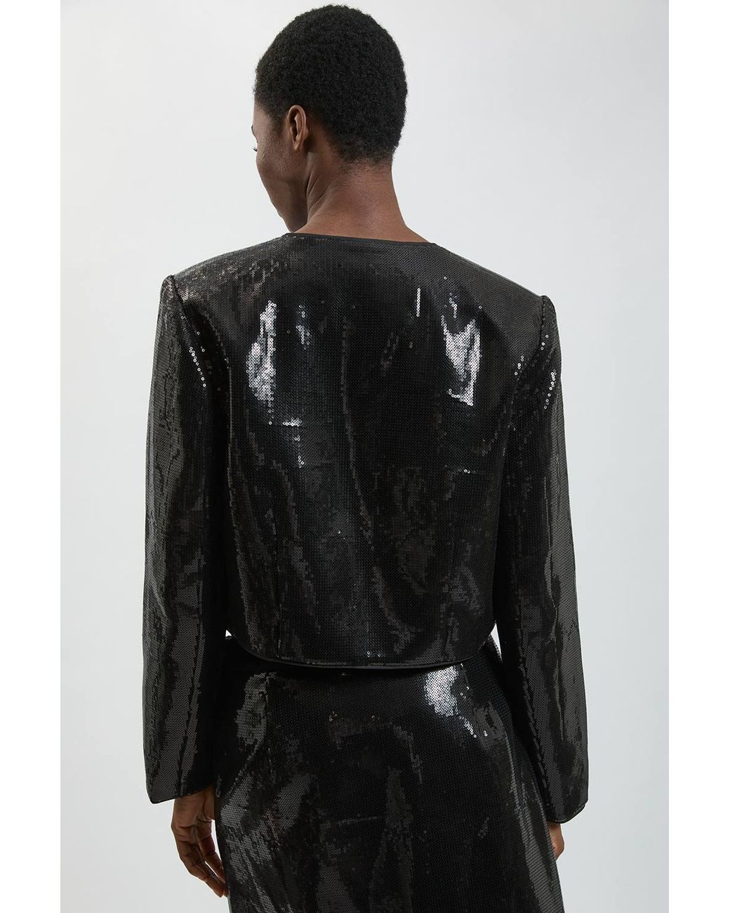 Karen Millen Black Sequin And Satin Collarless Tailored Jacket
