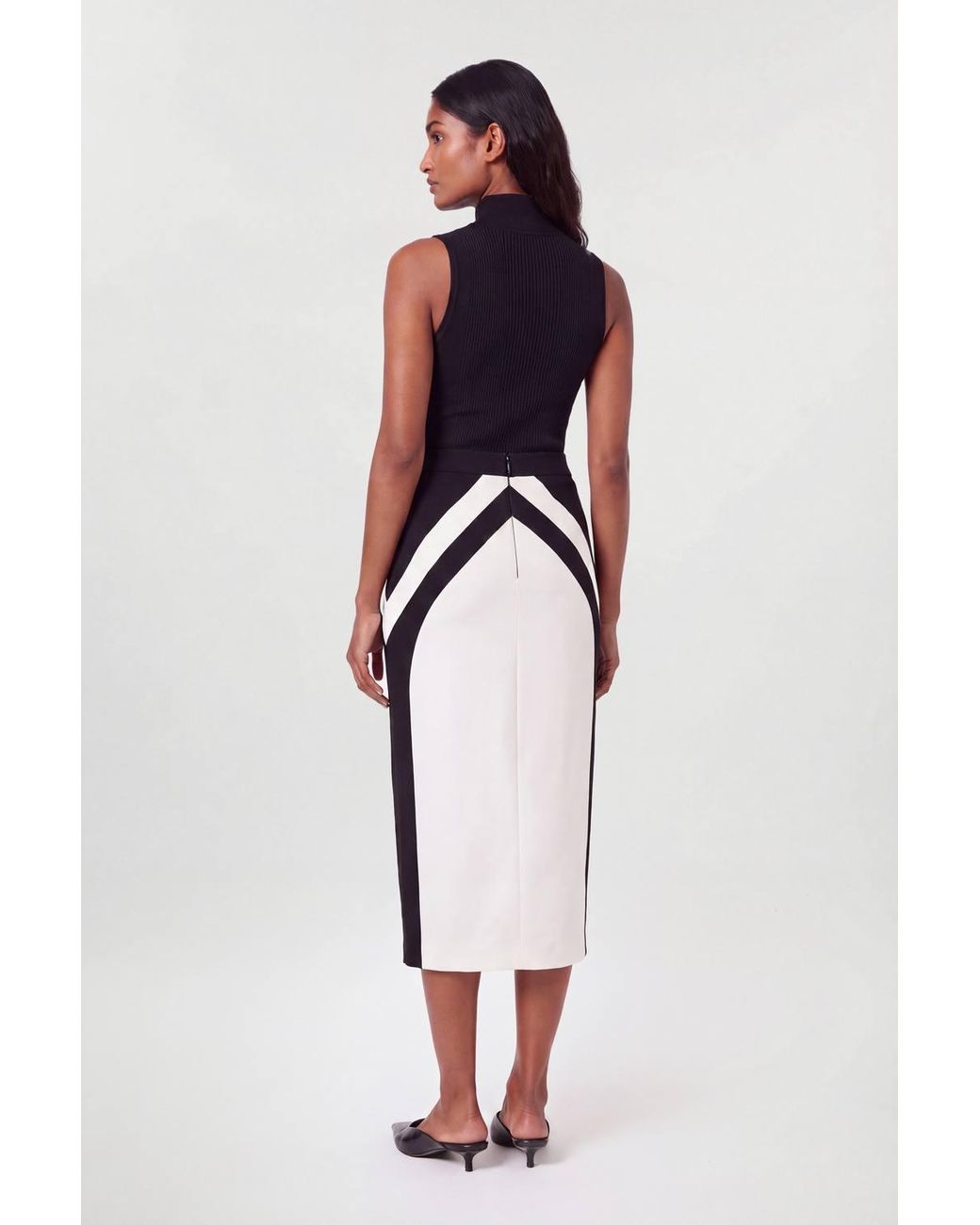 Karen Millen White Compact Stretch Colour Block Tailored Pencil Midi Skirt