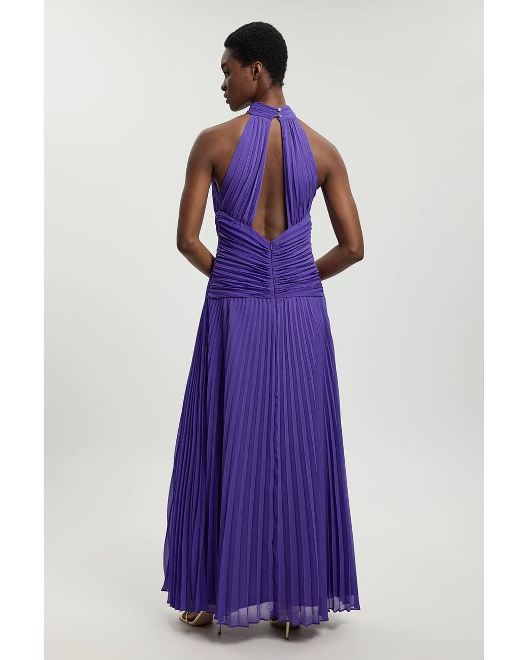 Karen Millen Purple Petite Pleated Twist Front Woven Halter Midi Dress