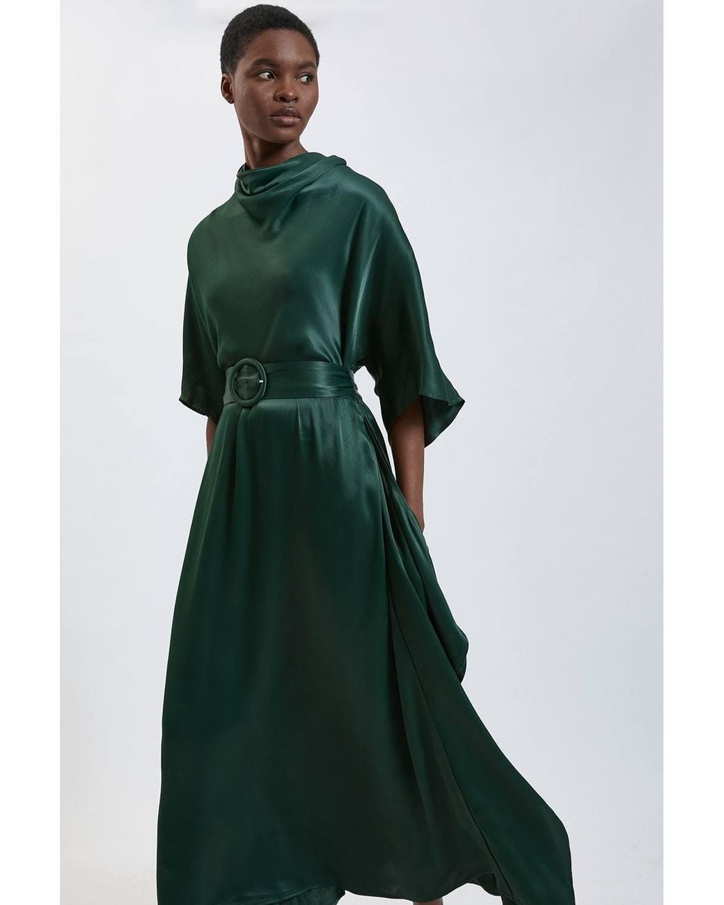Karen Millen Green Viscose Satin Asymmetric Ruffle Midi Dress