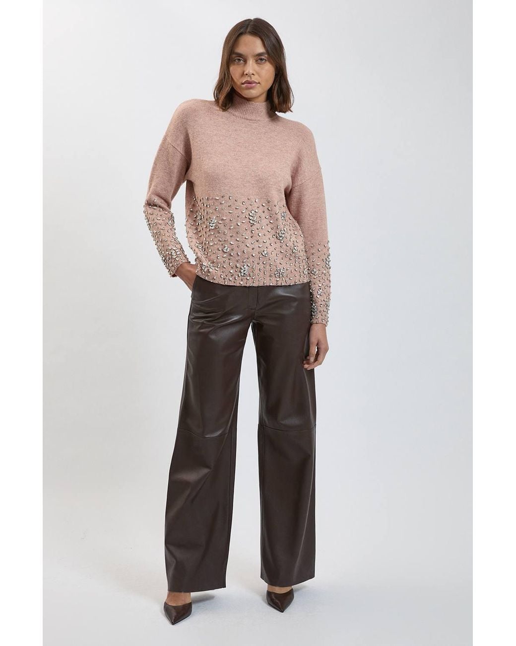 Karen Millen Natural Wool Blend Embellished Cosy Knitted High Neck Jumper