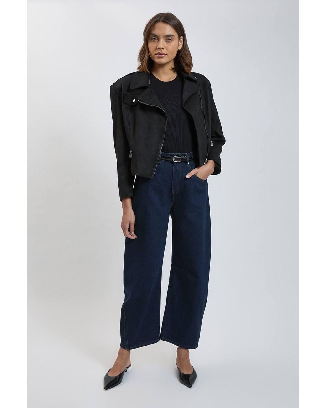 Karen Millen Black Faux Leather Collared Belted Jacket