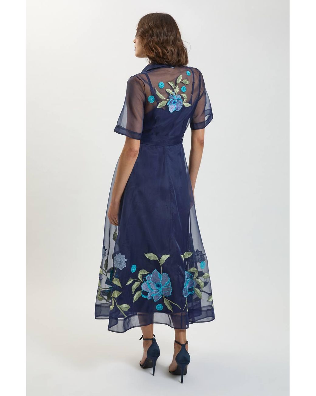 Karen Millen Blue Embroidered Detail Organdie Belted Shirt Dress